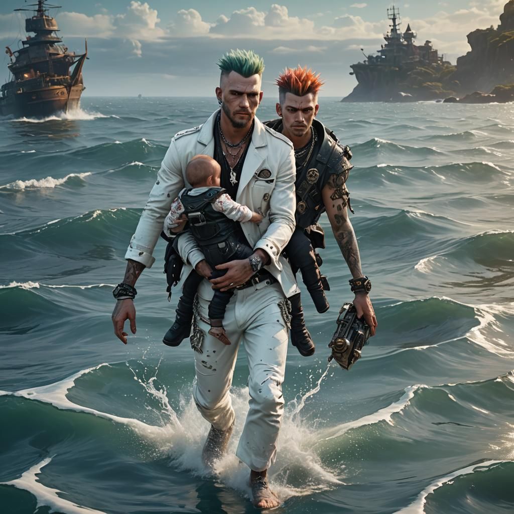 Punk Man Walks on Water with Baby: Fantasy Art