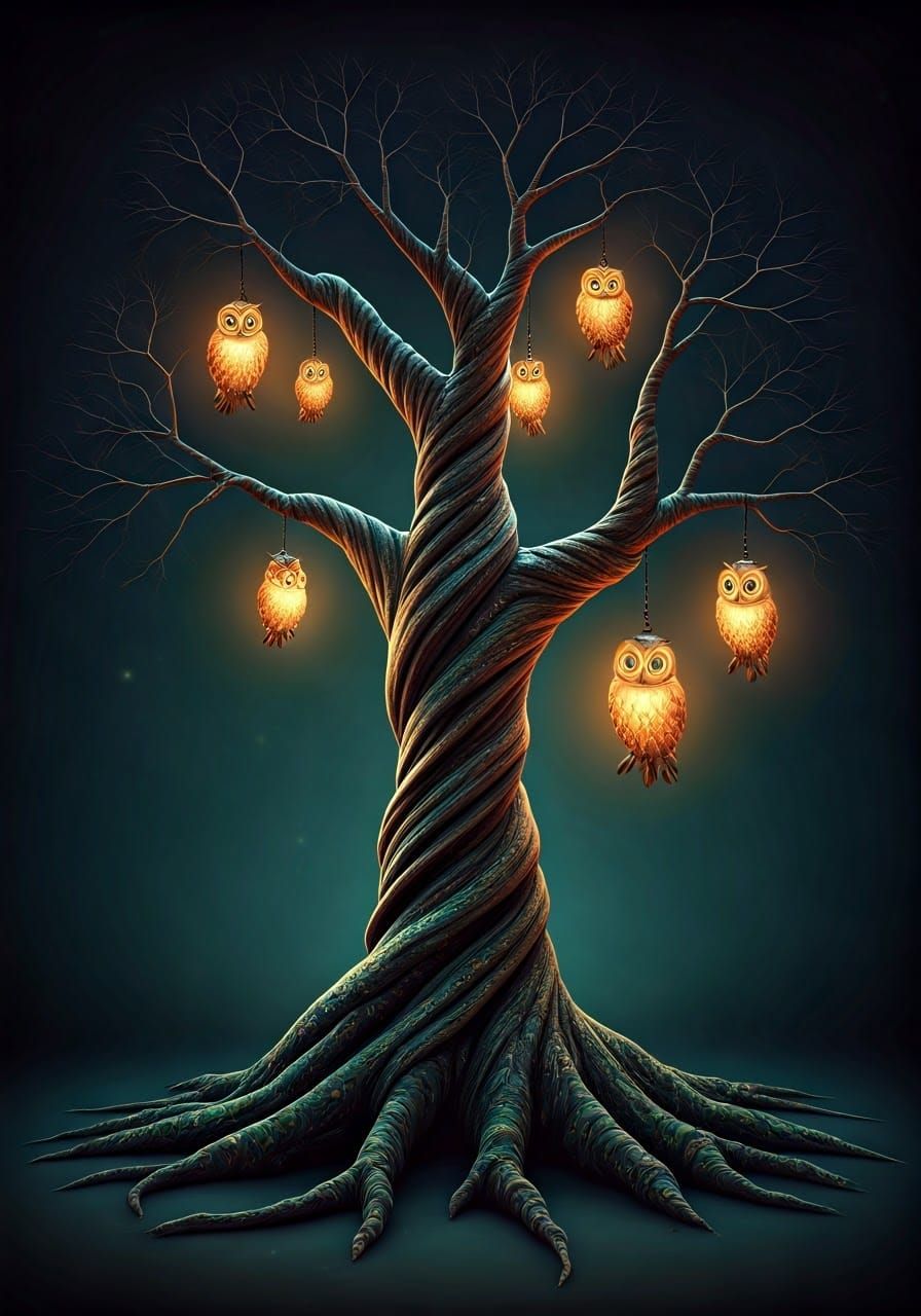 Mystical Tree with Owl Lamps in Surreal Style