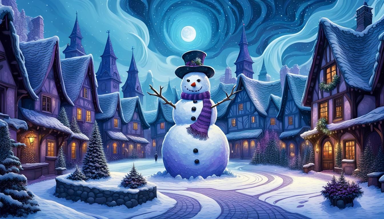 Giant Snowman in Mythical Village Square
