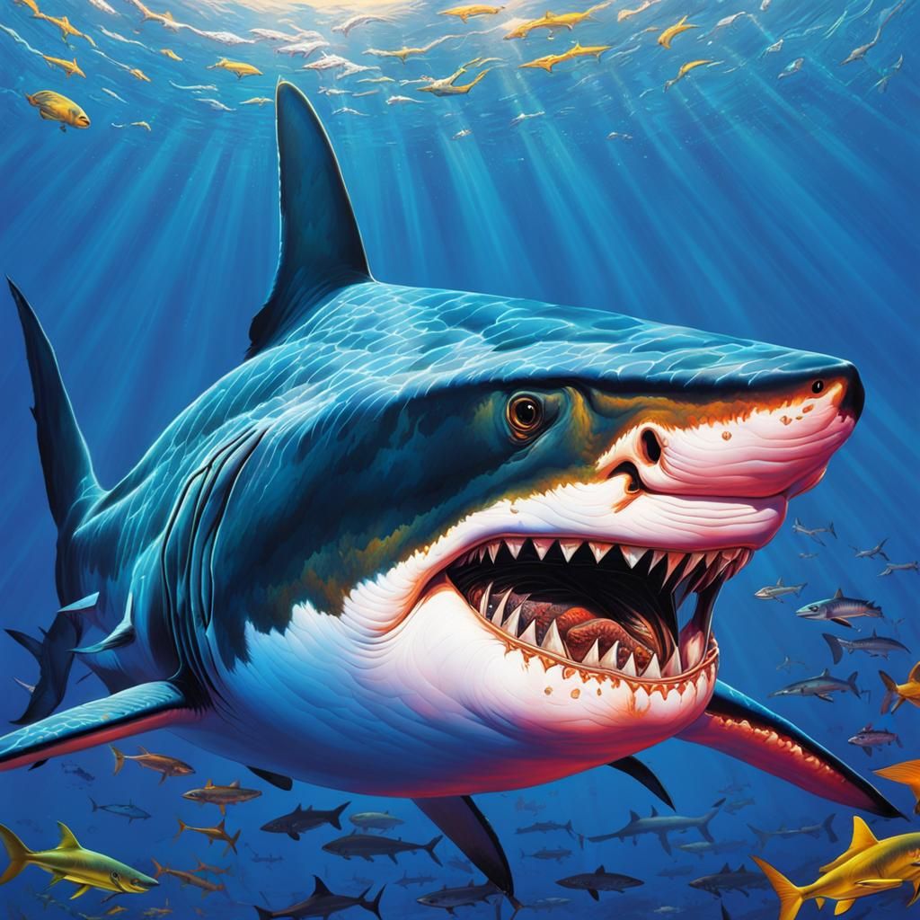 Hyperrealistic Shark in Vibrant Splash Art Style