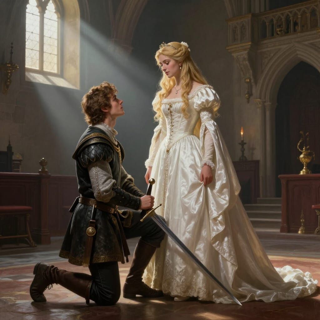 Swordsman Kneels Before Princess in Castle Courtroom