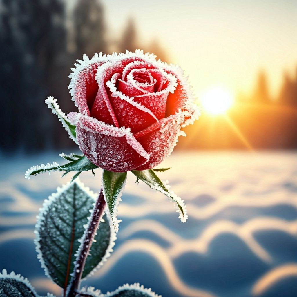 Frosted Crimson Rose at Sunrise in Dark Fantasy Style