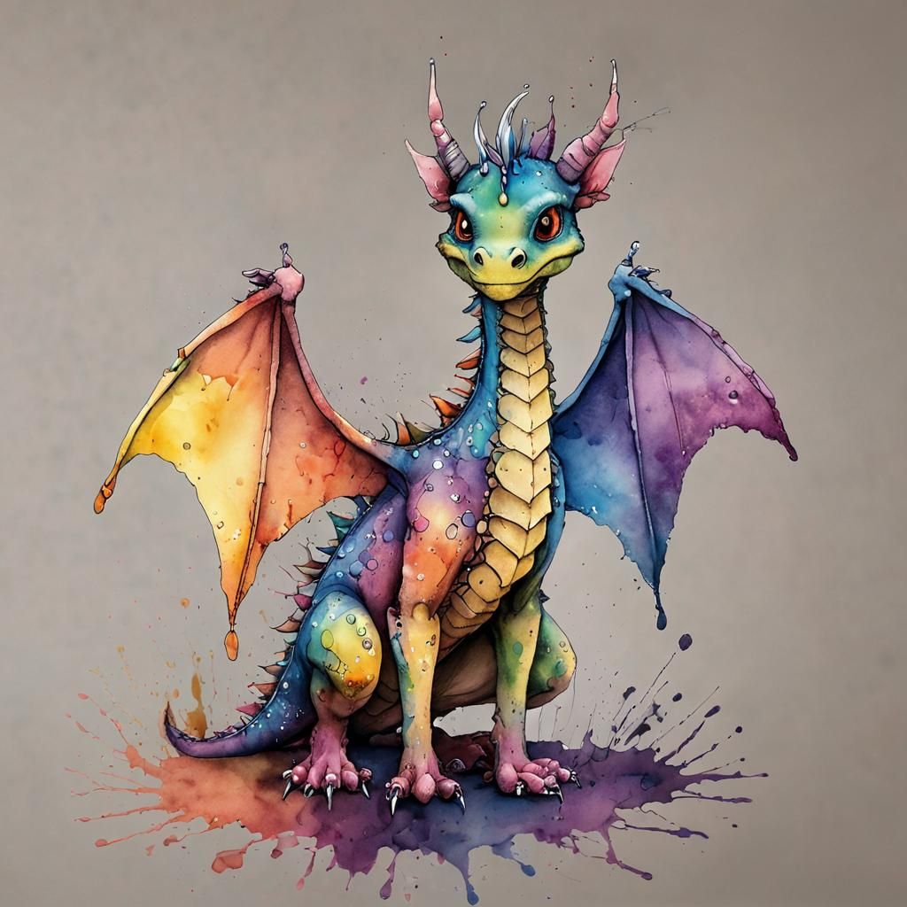 Fairy Dragon in Watercolor and Ink Illustration