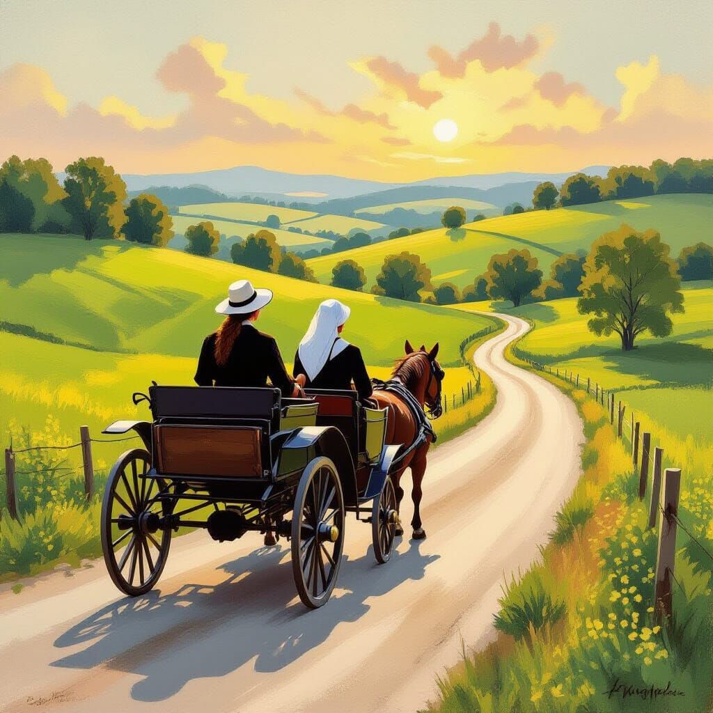 Amish Buggy on Country Road, Pastoral Style