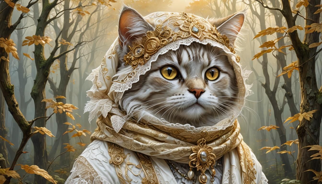 Anthropomorphic Cat in Lace, Renaissance Art Nouveau Style