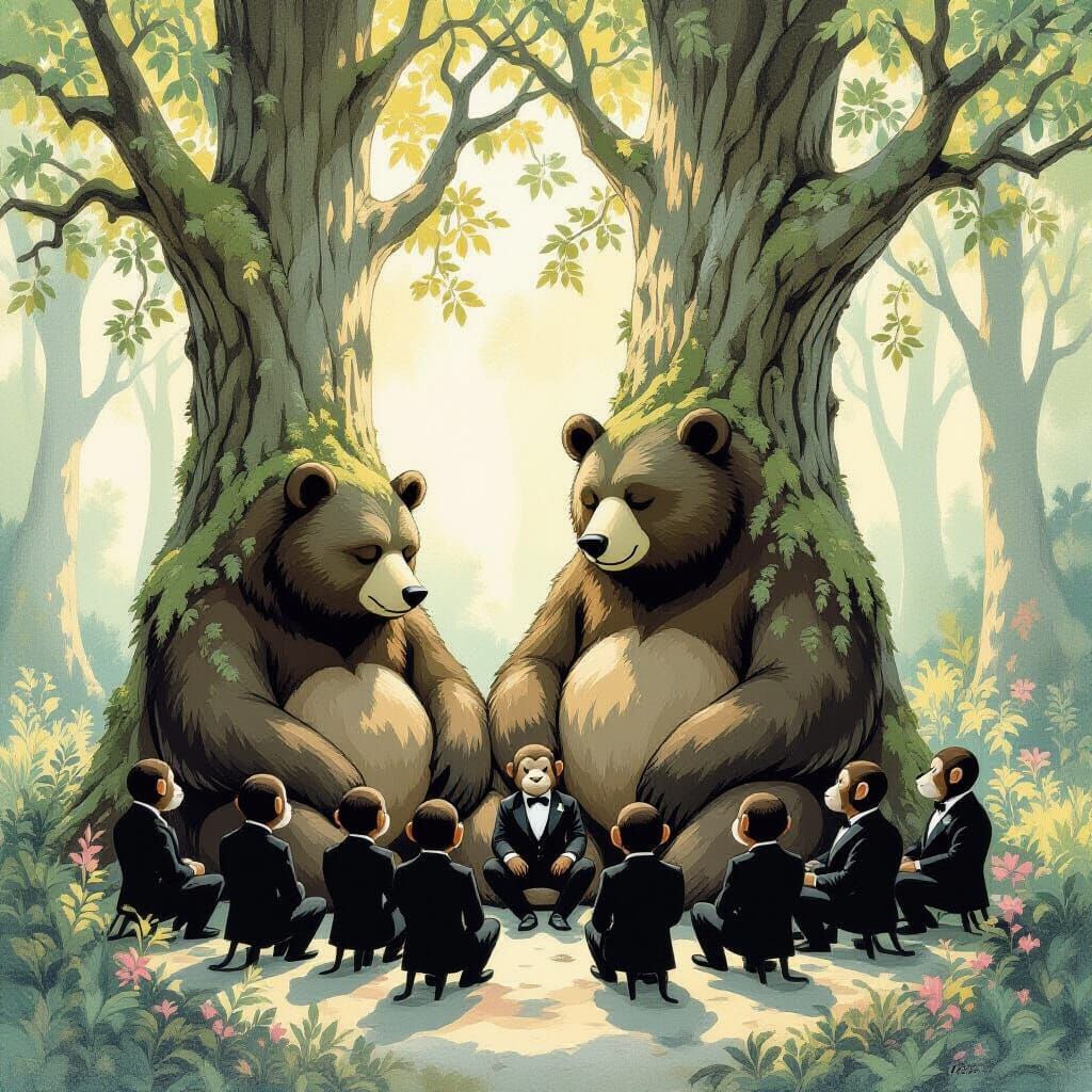 Surreal Forest of Bear Trees and Monkeys