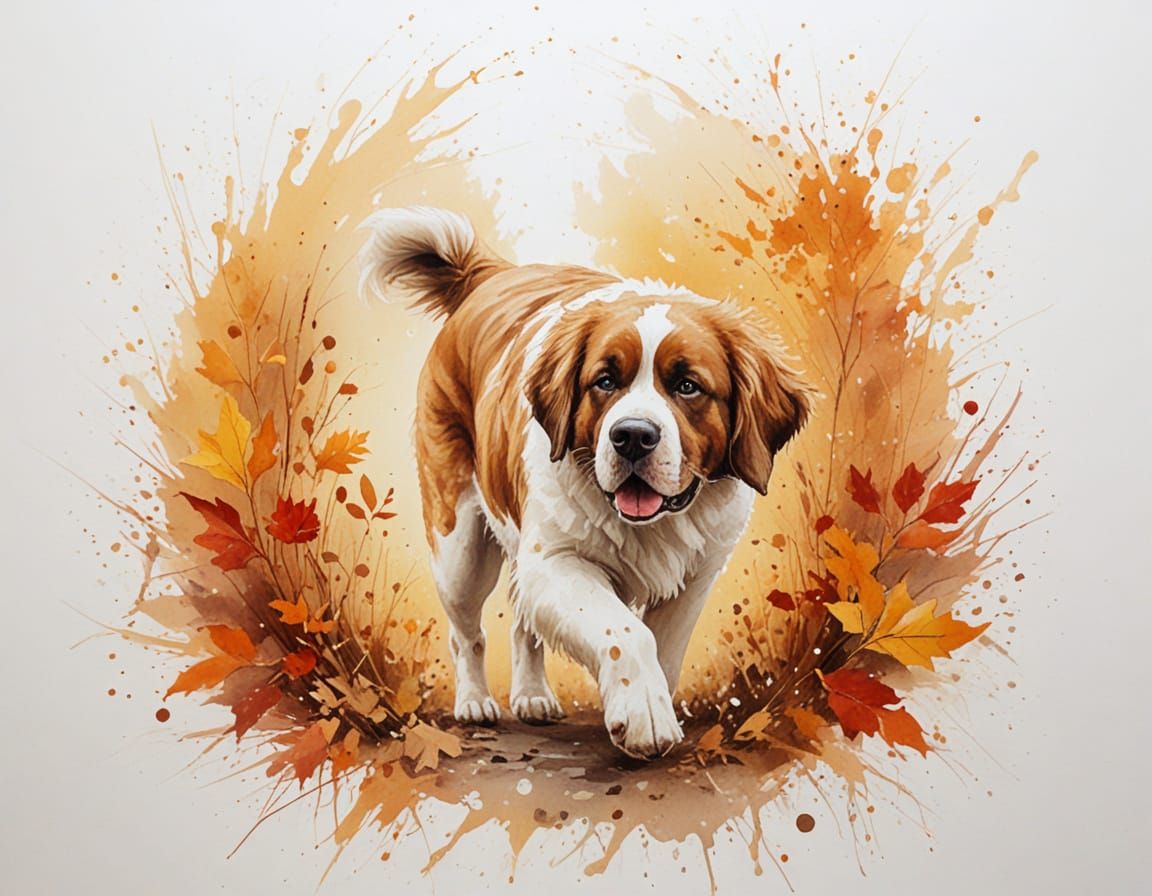 Saint Bernard in Autumn Watercolor Forest