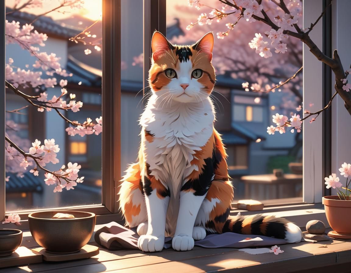 Calico Cat at Sunset with Sakura: Anime Art