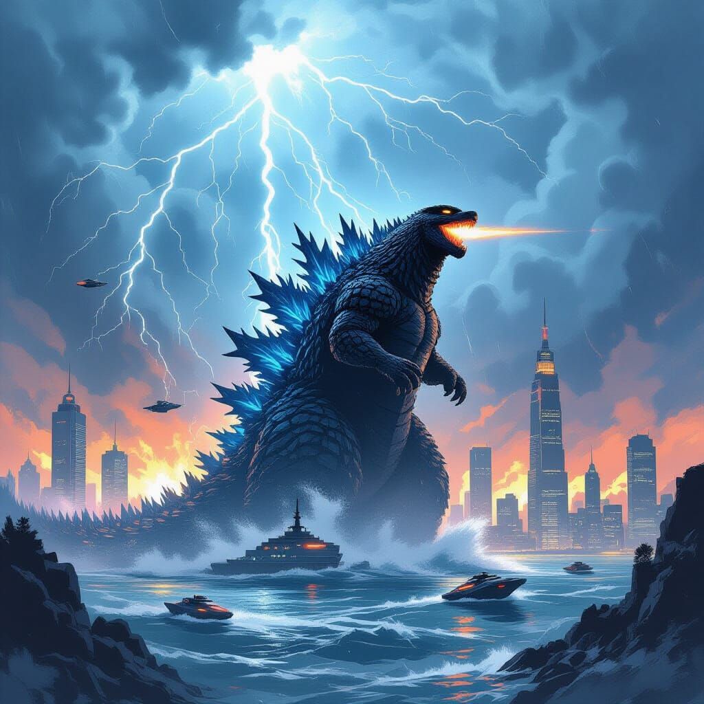 Godzilla Attacks Futuristic Cityscape in Stormy Sketch