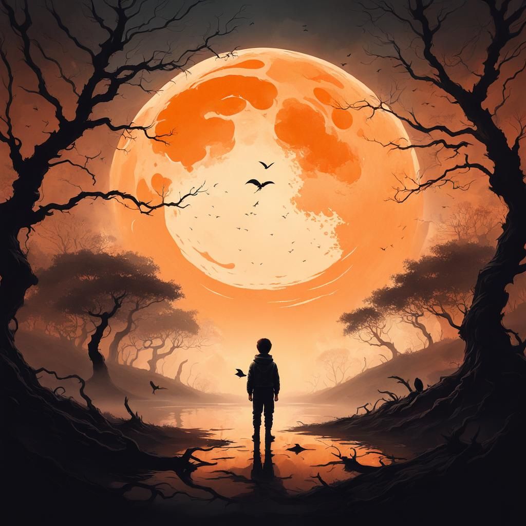 Boy and Orange Moon in Surreal Landscape