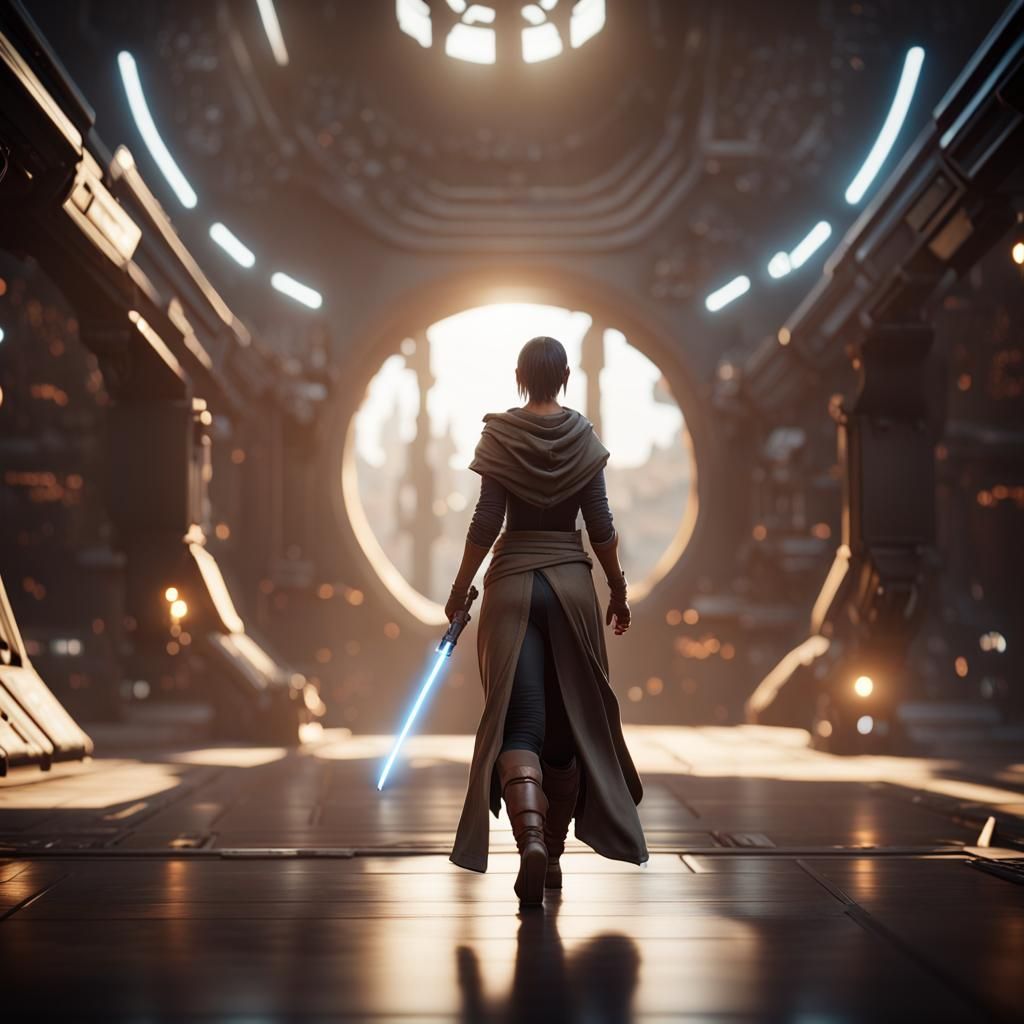 Ebony Jedi Female Walking Toward Camera in 3D