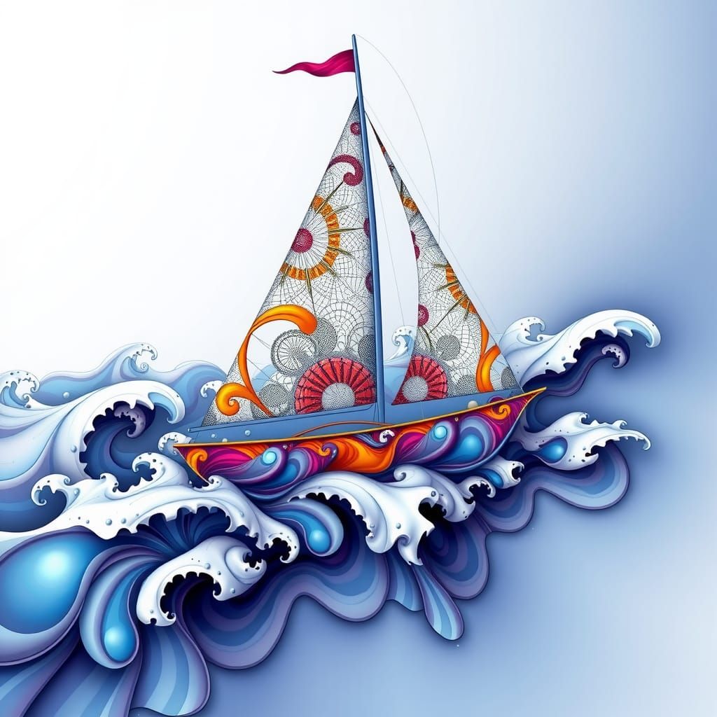 Sailboat on Fractal Waves in Vector Art Style