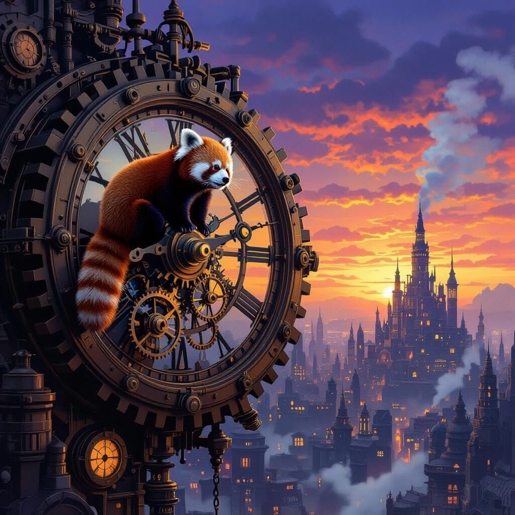 Red Panda Overlooking Steampunk City at Dusk, Airbrush Style