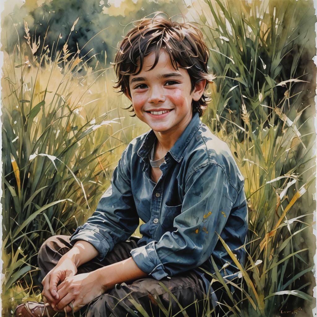 Watercolor Portrait of Boy in Morning Light