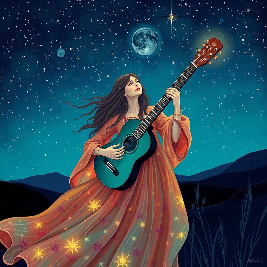 Enchanted Bohemian Goddess Under Starry Skies in Vibrant Dre...