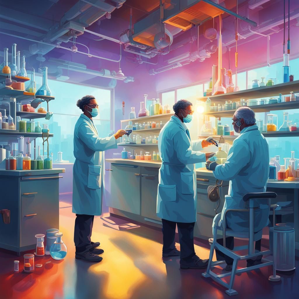 Hyperrealistic Scientists Experimenting in Lab: Splash Art