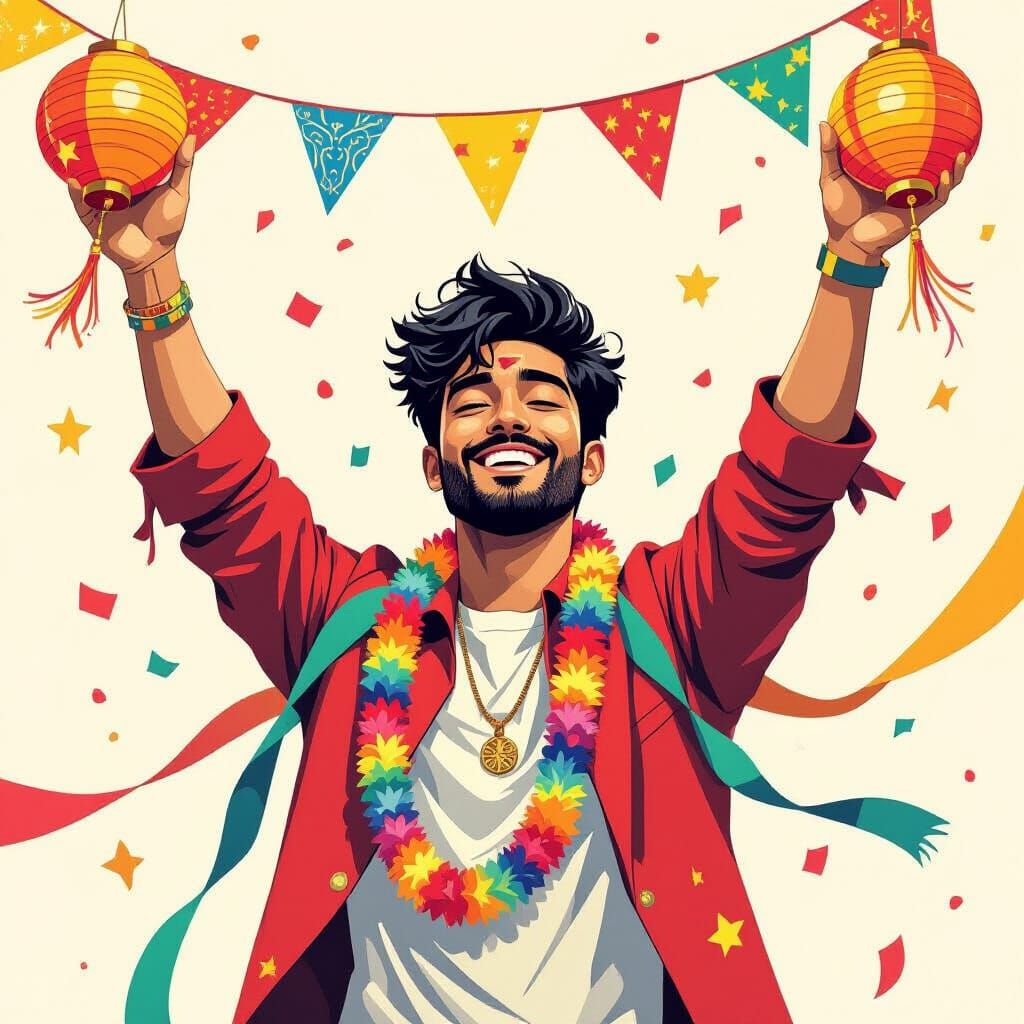 Man Celebrating Freedom with Trinity Banners and Festive Lan...