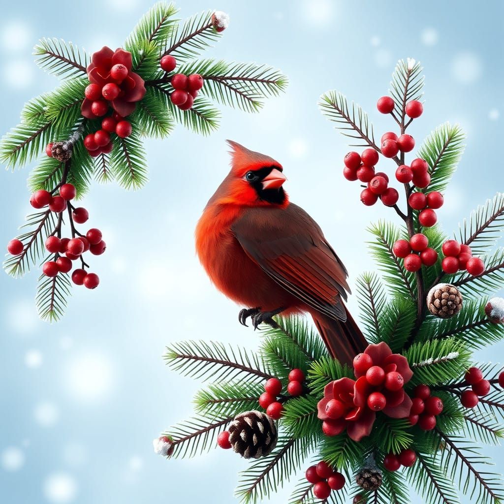 Majestic Christmas Cardinal in Vibrant Evergreen Setting