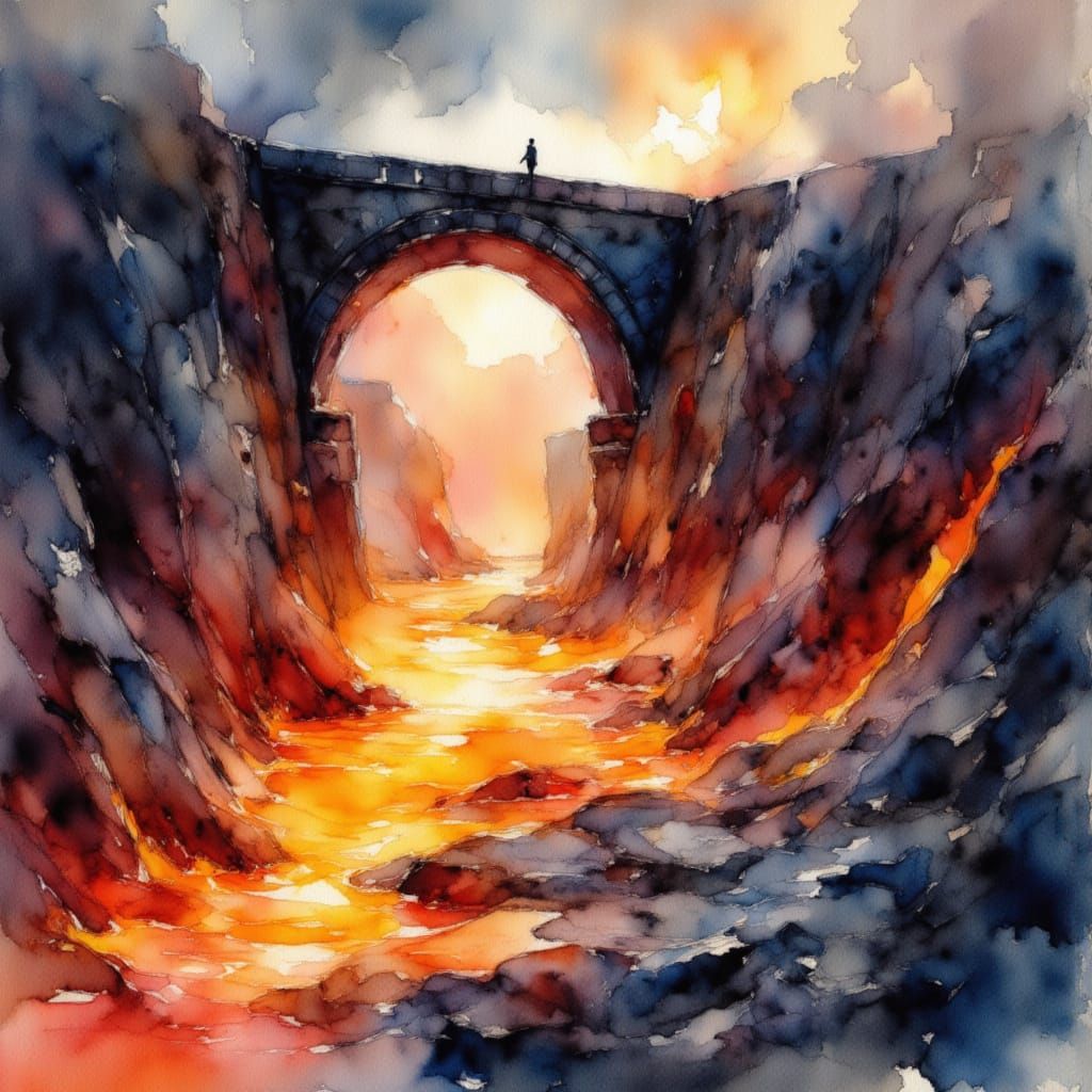 Fantasy Lava Bridge in Expressive Watercolor