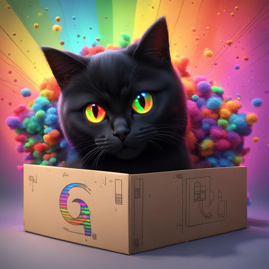 Rainbow-Eyed Black Cat in Box: Pixar Style
