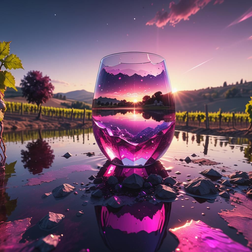 Cosmic Liquid Crystal Lake on Vineyard at Sunset
