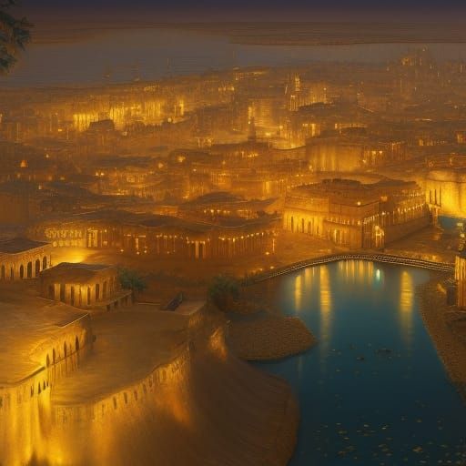 Golden Medieval Arabian City on River Delta