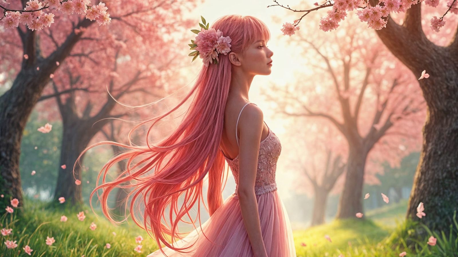 Anime Girl in Blossom Garden, Digital Art