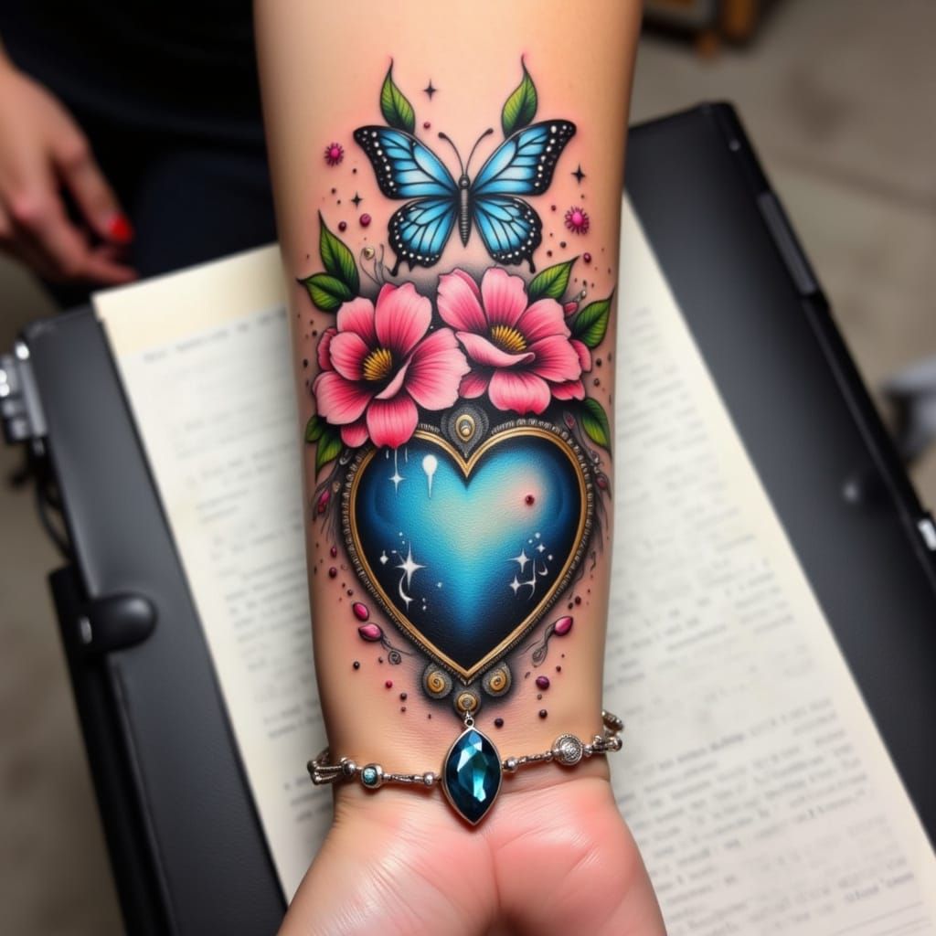 Intricate Tattoo Design on Wrist with Floral and Heart