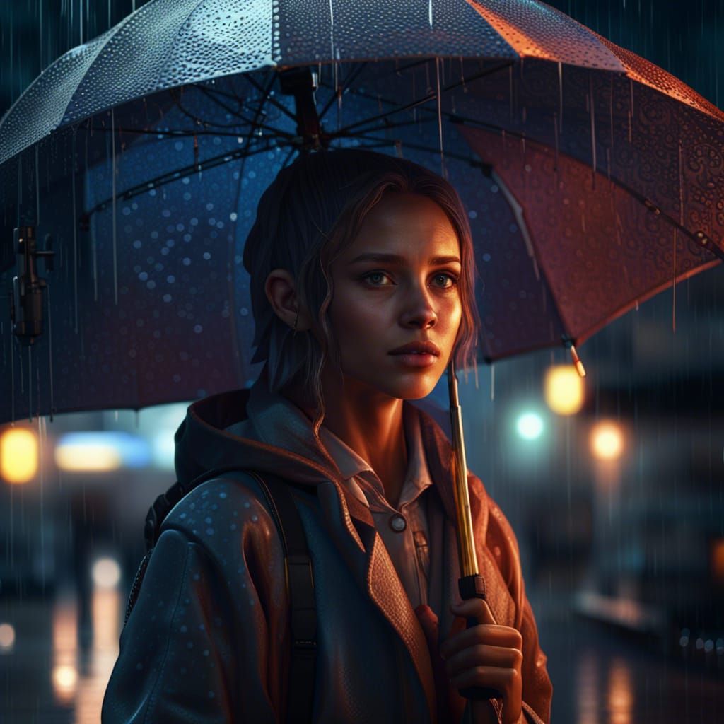 Girl in Rain with Umbrella: Fantasy Concept Art