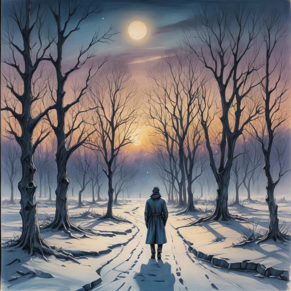 Winter Landscape: Surreal Charcoal Sketch in Pencil