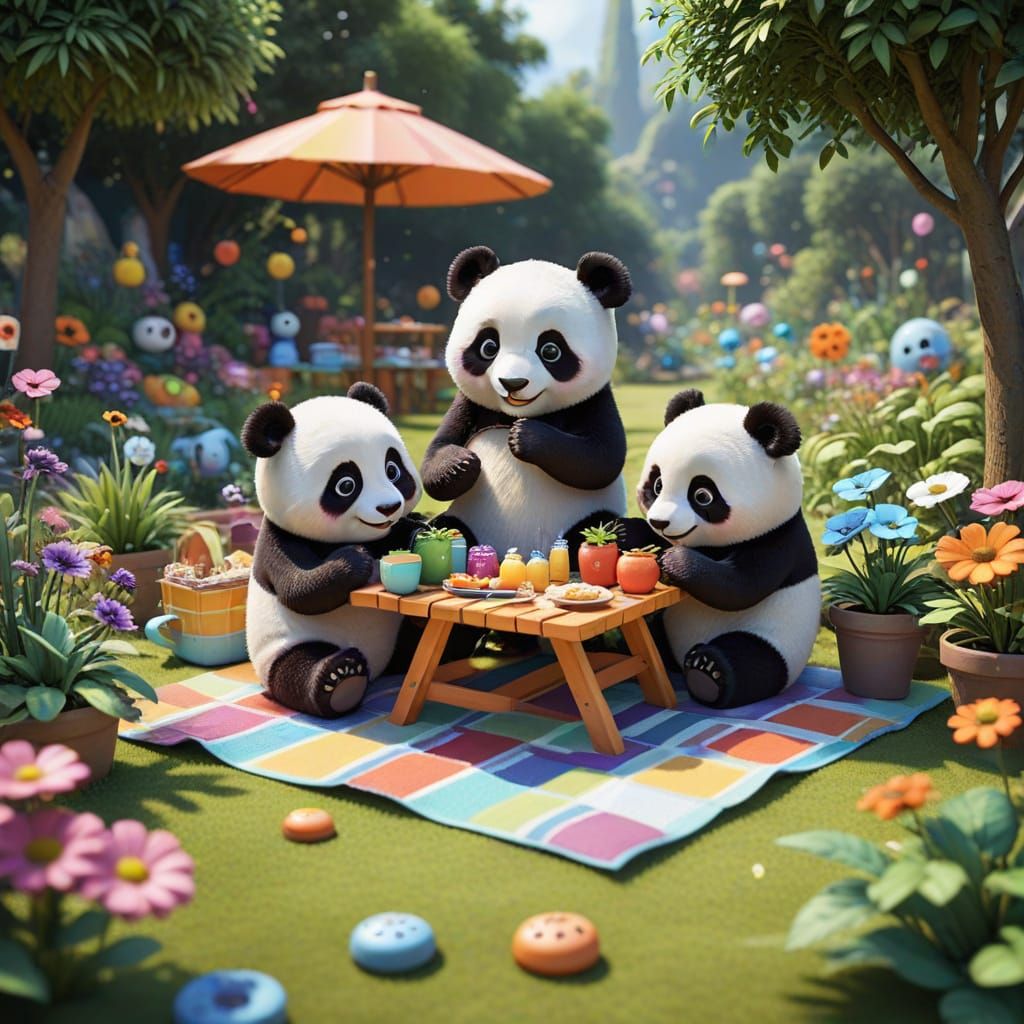 Pandas Picnic in a Technicolor Pixar Garden