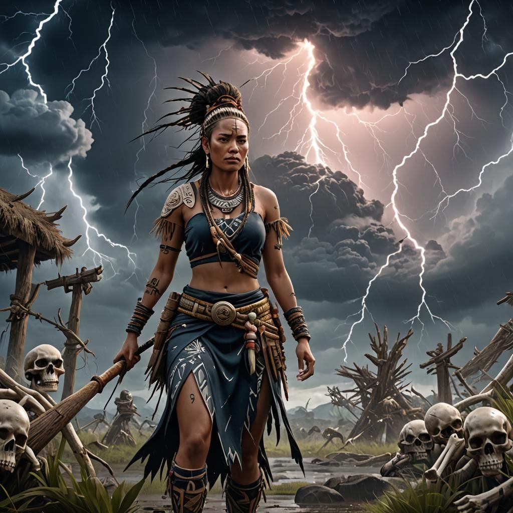 Maori Woman Surrounded by Bones and Storms