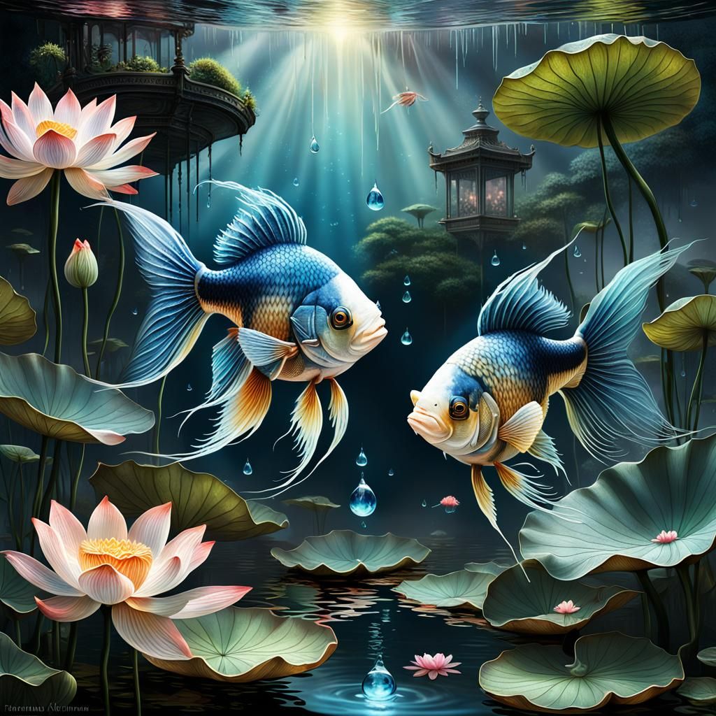 Yin-Yang Beta Fish in Lotus Pond: Digital Illustration