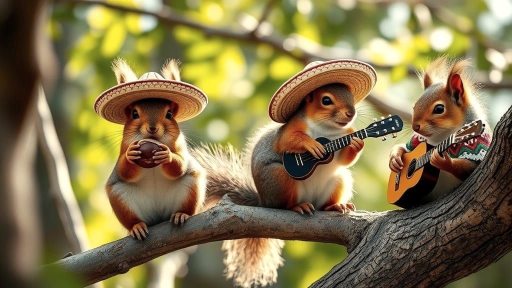 Squirrel Mariachi Band in Sunny Forest, 8K