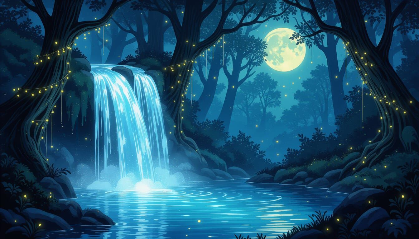 Enchanted Moonlight Waterfall in Mystical Forest