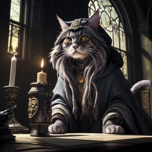 Cat Wizard Casting Spells in Dark Fantasy Style