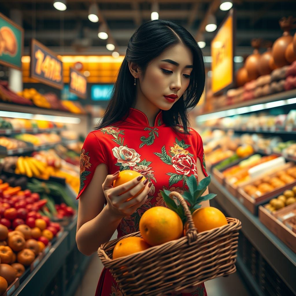 Asian Woman in Qipao Shopping for Produce