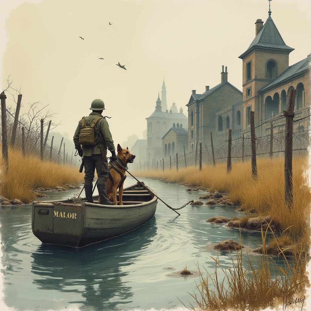 WWII Malinois in Watercolor, Amidst Ruins and Barbed Wire