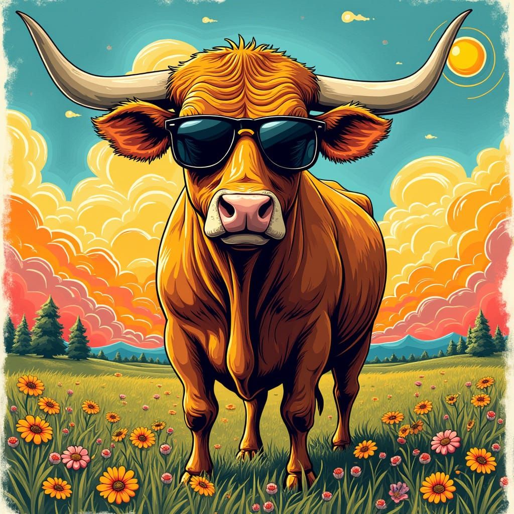 Confident Bull in Trendy Sunglasses Poses in Vibrant Spanish...