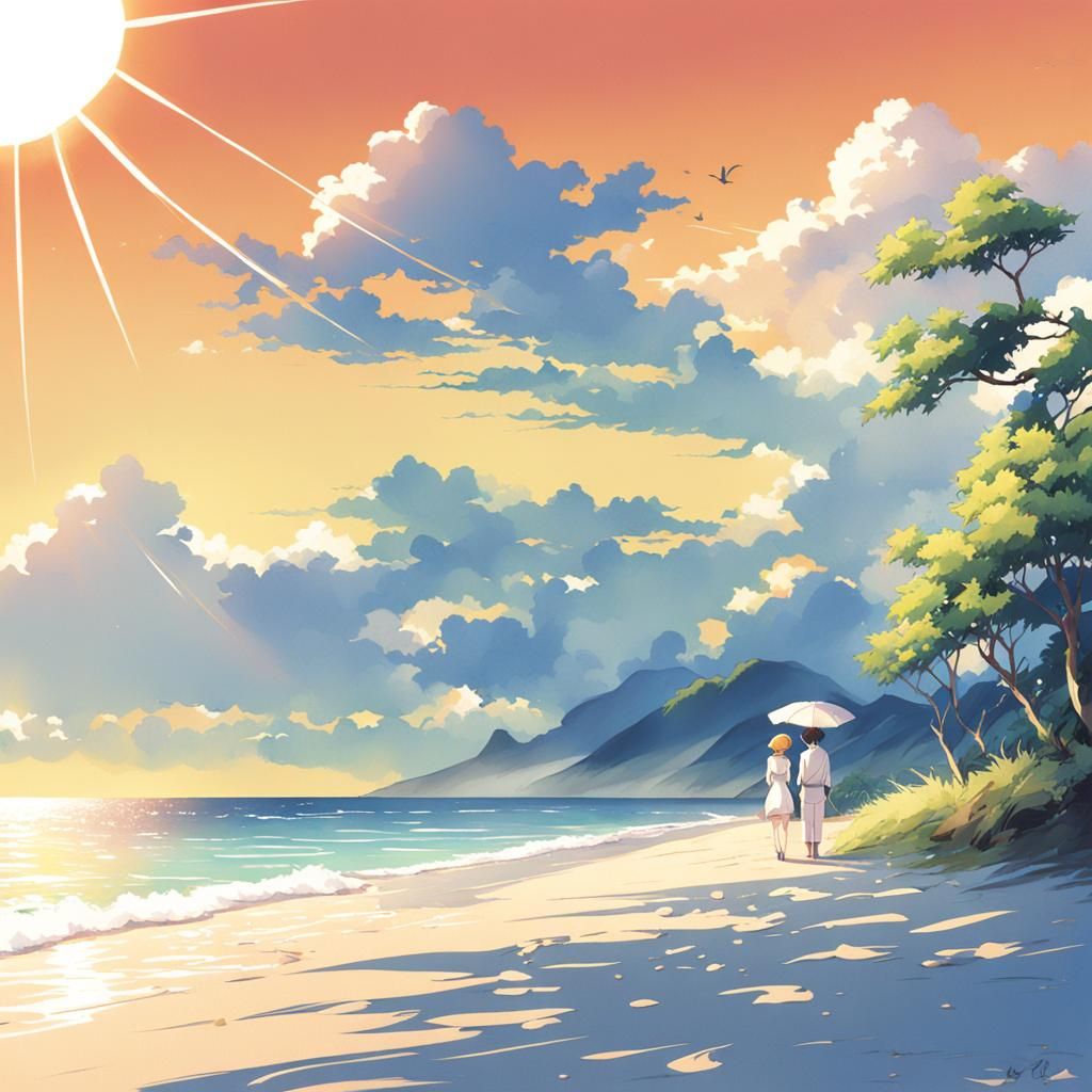 Anime-Style Beach Scene with Girl and Boy