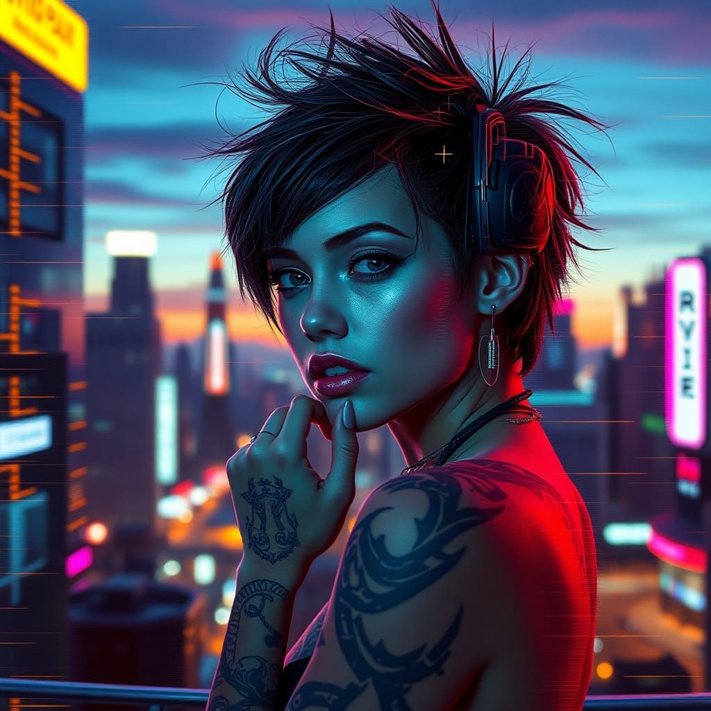 Cyberpunk Girl with Neon Tattoos in Glitch Art Style