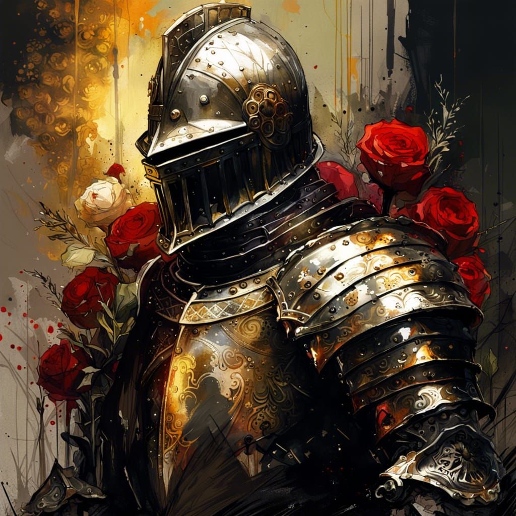 Gothic Knight in Blood Rose Field: Gouache Impression