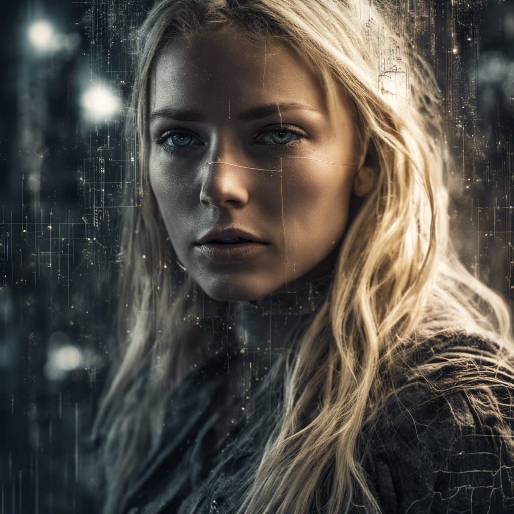 AI Woman with Crackling Face in Dark Code Abyss