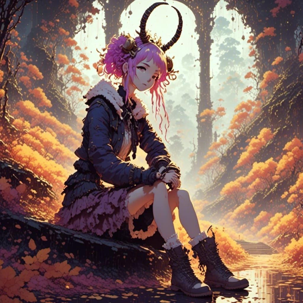 <lora:Anime fantasy:1.0>an anime girl with pink hair and hor...
