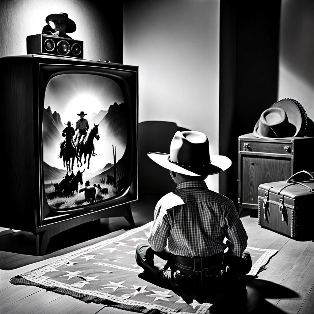 Cowboy Kid Watches TV in Black and White