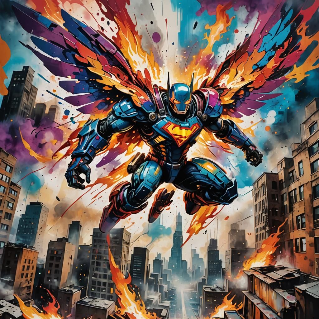 Superhero Soaring Over Burning City in Graffiti Art