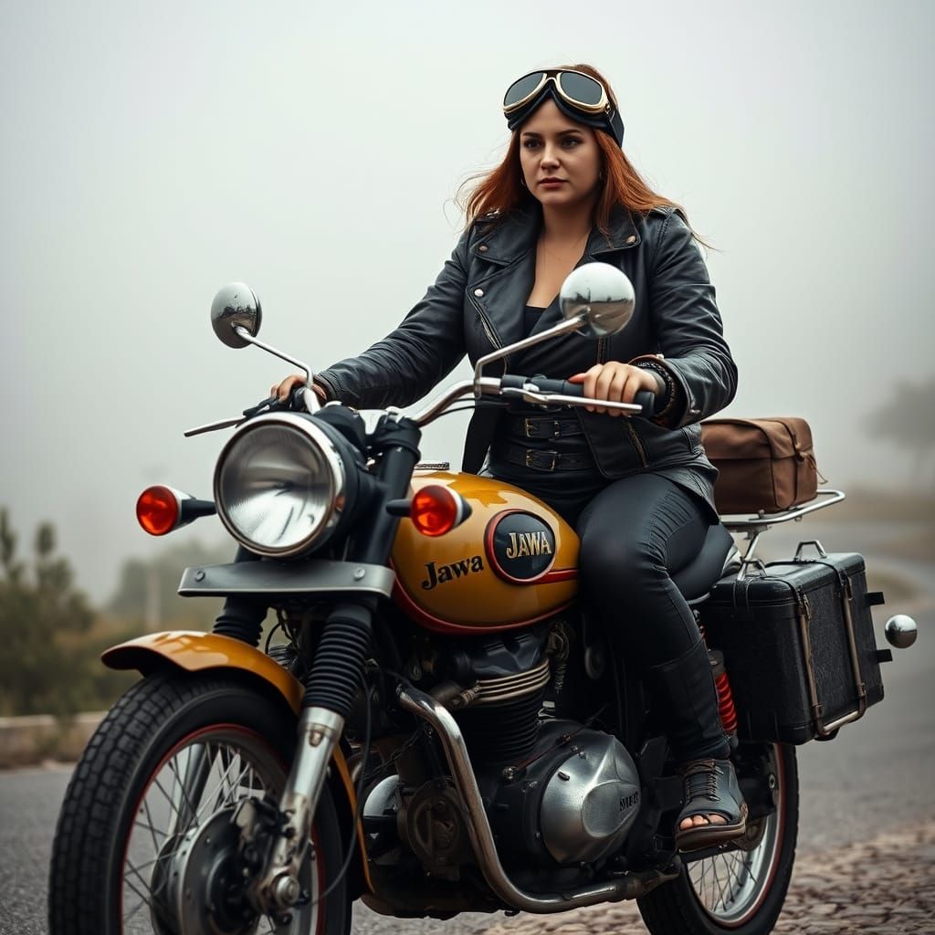 Woman on Jawa Motorcycle in Atmospheric Landscape