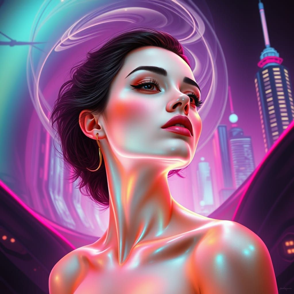 Ethereal Woman in Cyberpunk Landscape