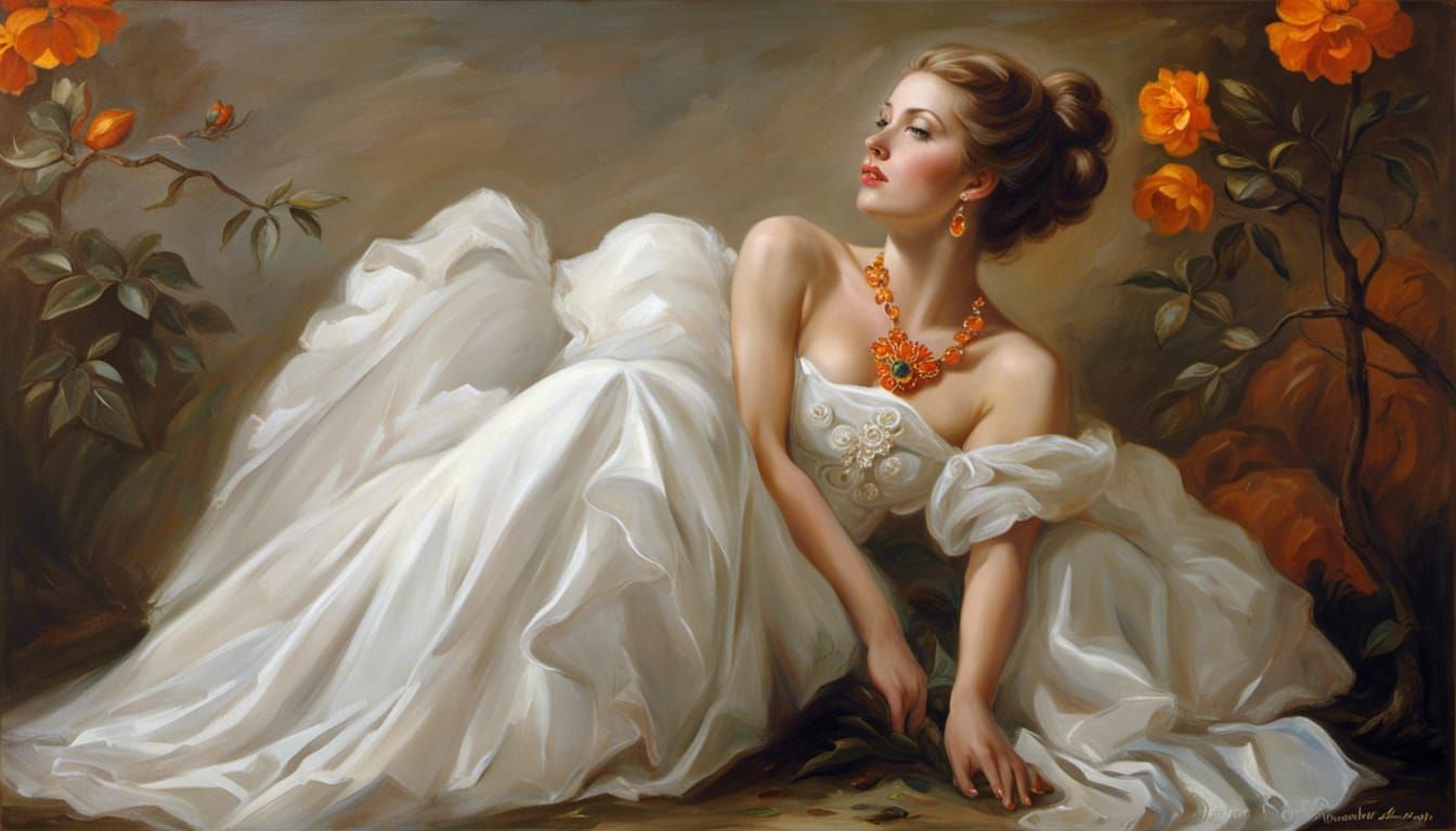 Elegant Lady in White Dress with Orange Jewel