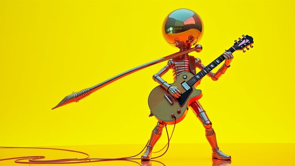 Guitarist in Surreal Chrome Space with Hybrid Eye Mushrooms
